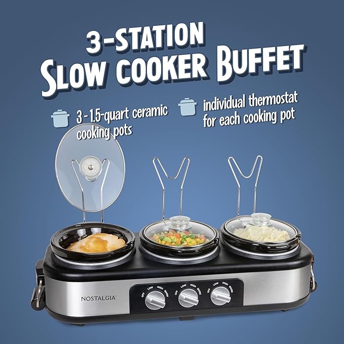 HomeCraft Nostalgia Stainless Steel 3-Station 1.5-Quart Oval Slow Cooker Buffet, With Lid & Spoon Rest, Adjustable Heat Control, Perfect for Parties, Holidays, Families