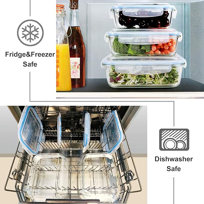 Glass Food Storage Containers Set, Large Size Containers with Lids, BPA-free Locking lids, 100% Leak Proof Glass Meal Prep Containers, Freezer to Oven Safe (2 Pack of 52oz)