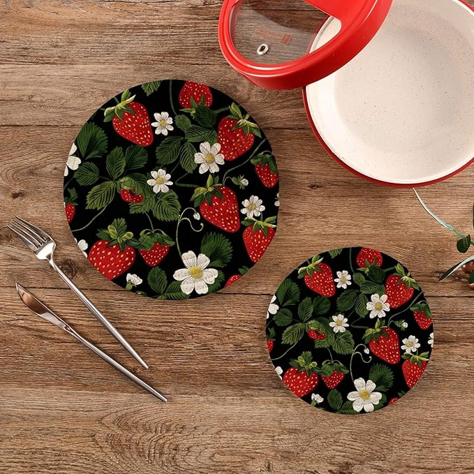 Strawberries Flowers Kitchen Trivets Pot Holders Set of 2, Trivets for Hot Pots Dishes Woven Trivet Coaster Pad Mat for Counter