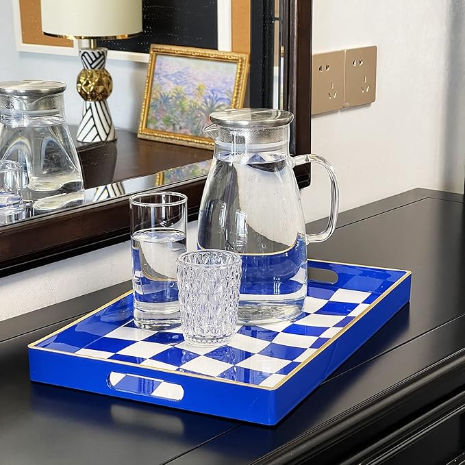 Zosenley Decorative Tray, Marbling Plastic Tray with Handles, Rectangular Vanity Tray and Serving Tray for Bathroom, Kitchen, Ottoman Tray and Coffee Table, 15.6" x 10.2" (Blue and White Checkered)