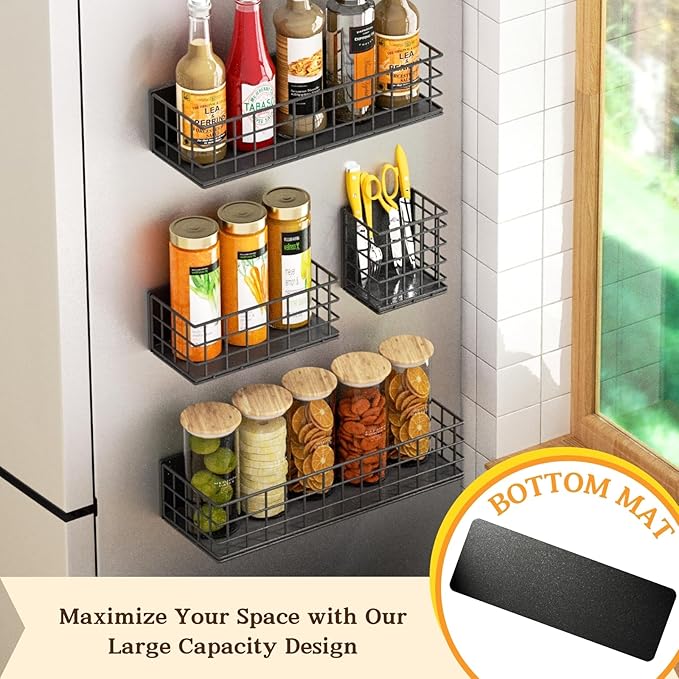 Ofiray-home Magnetic Fridge Shelf, 4-Pack Metal Strong Magnet Rack, Space Saving Spice Organizer, Utensil Holder, Fruit Potato Onion Storage Bins, Black Refrigerator Organizers and Storage