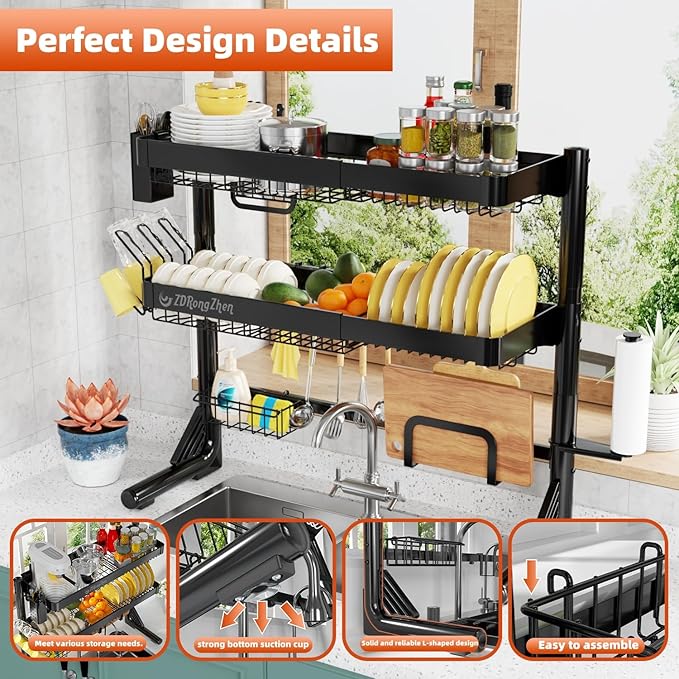 ZDRongZhen Over The Sink Dish Drying Rack,3 tier Full 304 Stainless Steel dish Drainer rack,Adjustable Length (22.8''~35.04'') Kitchen Storage Counter With Cup Hanging Set and Hooks (Black-3Tier)