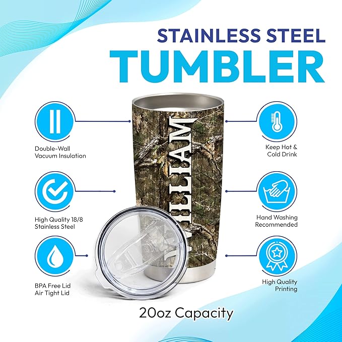 Hyturtle Personalized Hunting Gifts For Men - Deer Hunting Tumbler 20 Oz Travel Coffee Mug Stainless Steel - Fathers Day Gift For Dad, Him, Boy, Husband, Hunters On Birthday, Christmas