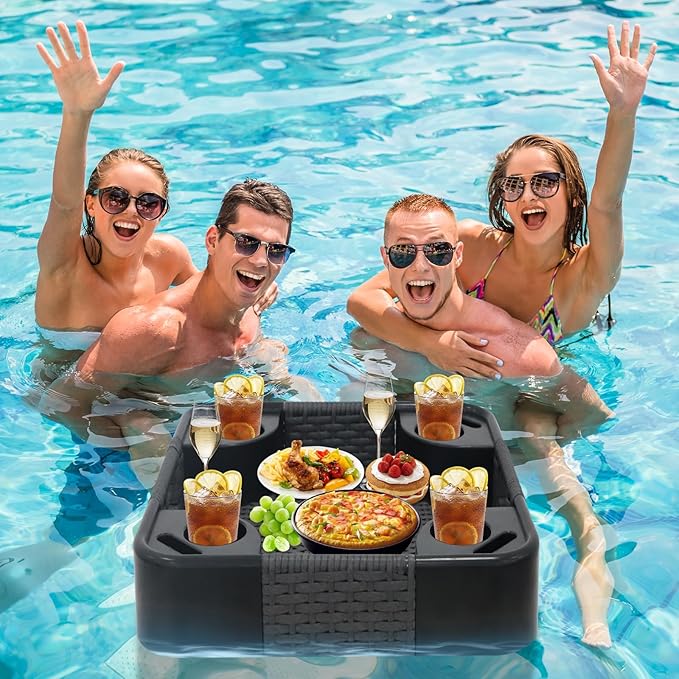 COOS BAY 24''x24'' Square Floating Drink Holder for Pool and Hot Hub, Large Floating Serving Tray with Handles, Wicker Floating Pool Tray for Food and Drinks, Gray
