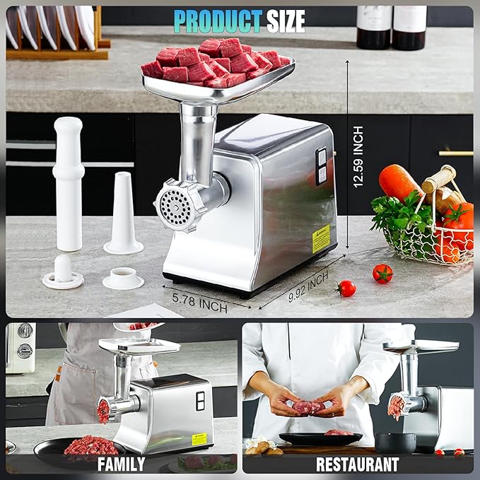 5.0 Upgrade Electric Meat Grinder【NO.1 Germany 3500W Super Motor】【SGS Certified SUS304 Blade & Plate】3-Second Fast Meat Grinding, Perfect For Meat Grinders For Home Use (SILVER)