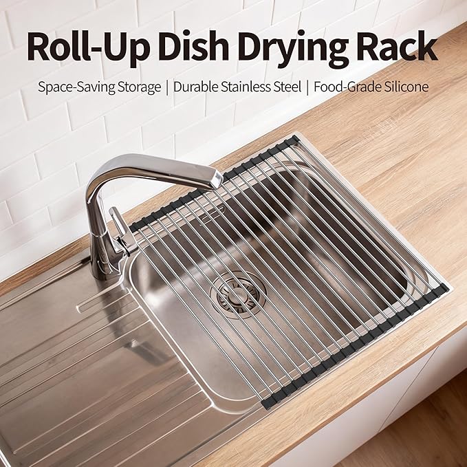 Roll Up Dish Drying Rack for Over Sink - 17.5"x15.7" Foldable Stainless Steel Kitchen Drainer, Black