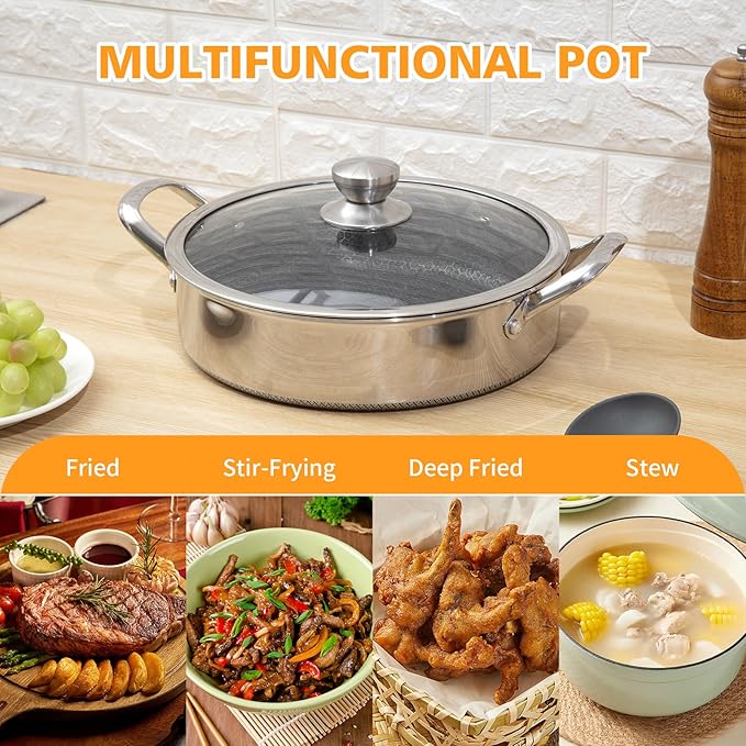Stainless Steel 7QT Saute Pan 14 Inch Deep Frying Pan with Lid Nonstick,Hybird Induction Cooking Pan,PFOA Free Cookware,Large Skillets