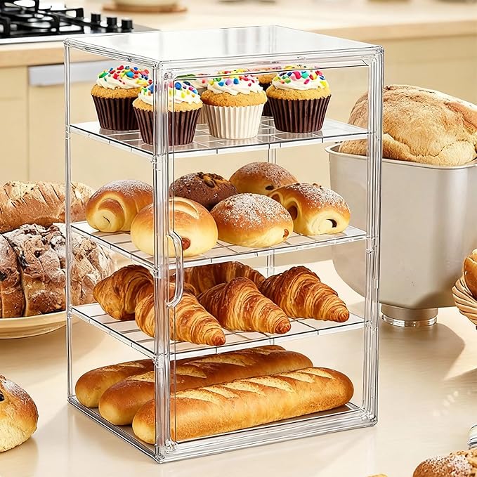 Clear Acrylic Display Case, 4-Tier Bread Box for Kitchen Countertop, 15.5x11.4x9.8 Inch Bread Storage Container with Magnetic Door for Bakery, Cookies, Donuts