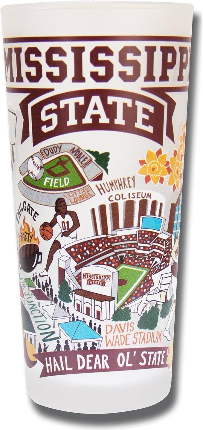 Catstudio Drinking Glass, Mississippi State University Glass Cup for Kitchen, 15oz Dishwasher Safe Tumbler for MSU Alumni