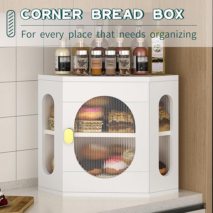 Corner Bread Box for Kitchen Countertop, Large Wooden Bread Box, Double Layer Bread Storage Bin, Bamboo Breadbox for Homemade Bread, Farmhouse Kitchen Organizer with Acrylic Window, White
