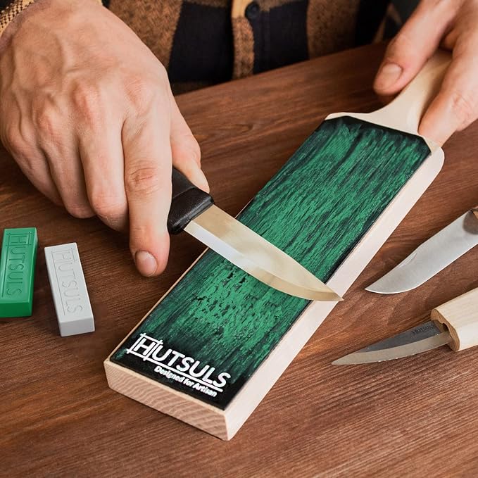 Hutsuls Leather Strop for Knife Sharpening - Get Razor-Sharp Edges with 3" x 9" Double Sided Paddle Strop Block, Easy to Use Knife Strop with Ergonomic Handle & Stropping Leather Knife Sharpener Guide