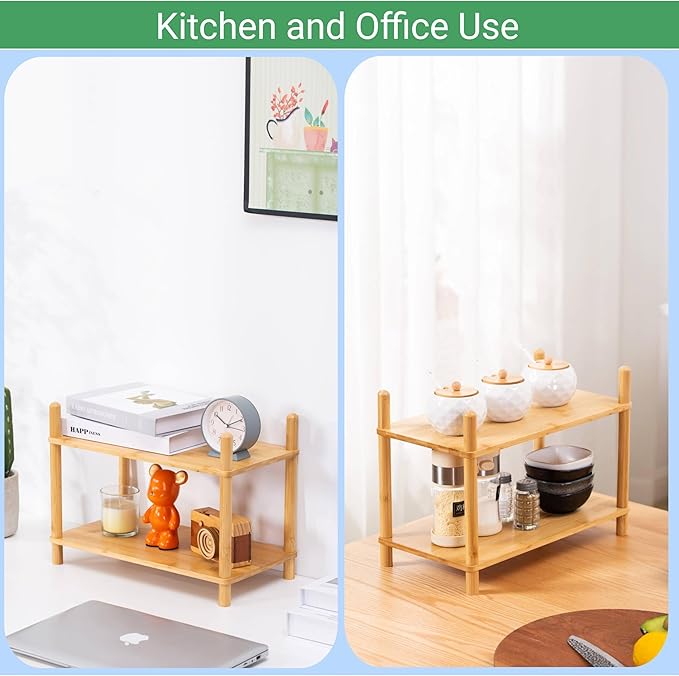 Expandable Bamboo Desktop Organizer Shelf Kitchen Cabinet and Counter Riser Display Shelf for Top of Desk Home Office Bathroom Coffee Table Display Stand- Useful Home & Housewarming Gift