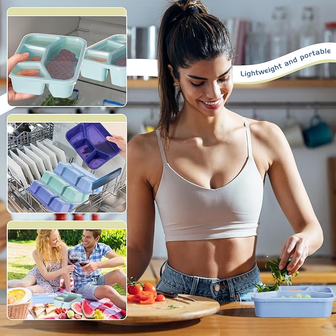 Honeydak 5 Pack Snack Containers 4 Compartment Bento Snack Boxes Reusable Lunchable Containers with Lids Divided Meal Prep Lunch Food Storage Box for School Work Travel(Blue Ombre,Mixed)