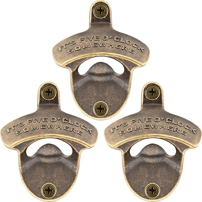 Antique Bottle Opener Wall Mount, IT'S FIVE O'CLOCK SOMEWHERE Post Mounted Beer Cap Opener Bronze for Kitchen Cabinet (3 PCS)