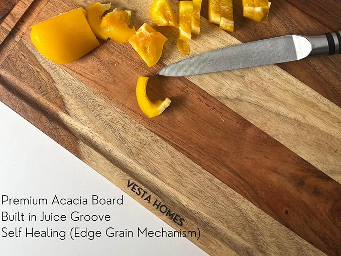 Vesta Homes Wooden Edge Grain Cutting Board/Chopping, Serving Board/Block for Vegetables, Fruits, Cheese and Charcuterie | Natural Acacia Wood | 15 * 10 * 1 Inches | Handcrafted in India