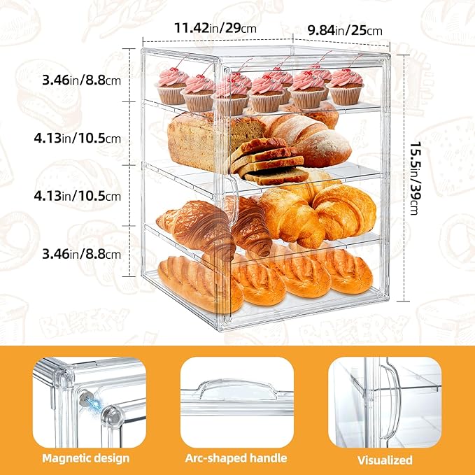 15.5 x 11.4 x 9.8 Inch 4-Tier-Party Display Case, Bakery Display Case Countertop,Adjustable Clear Bread Storage with Magnetic Door Bakery Pastry Display, Cookies and Donuts