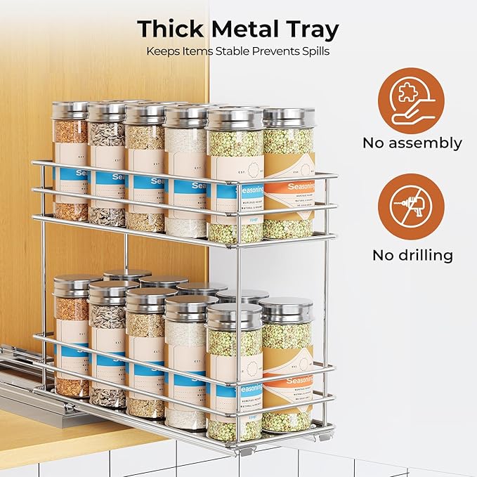 Pull Out Spice Rack Organizer for Cabinet, Slide Out Spice Racks, Easy to Install, 4.0''Wx10.35''Dx8.26''H, 1 Drawer 2 Tiers(Silver)