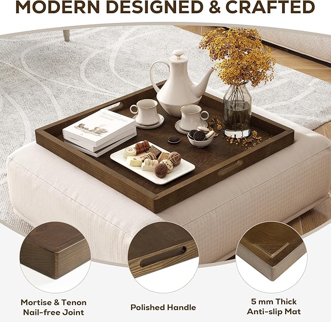 Axeman 24 Inch Large Square Wooden Ottoman Tray for Living Room|Extra Large Serving Tray with Handles for Coffee Table, Breakfast|Decorative Wood Tray for Ottoman Couch Sofa Kitchen|Walnut