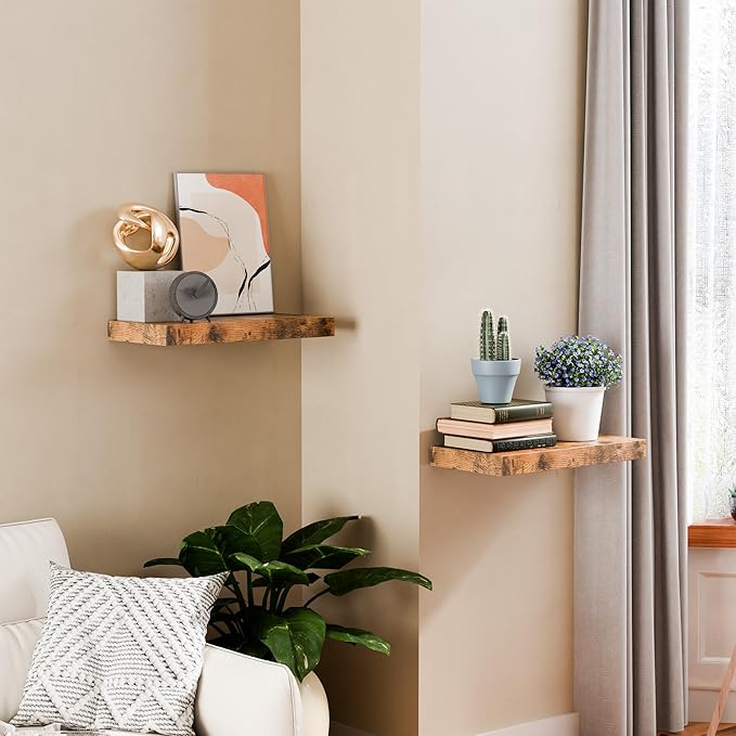Rustic Brown 16 Inch Floating Shelves for Wall, 8 Inch Deep Floating Shelves Set of 2, Wall Shelves for Bathroom Over Toilet, Live Edge Shelf with Invisible Brackets for Bedroom, Home Decor