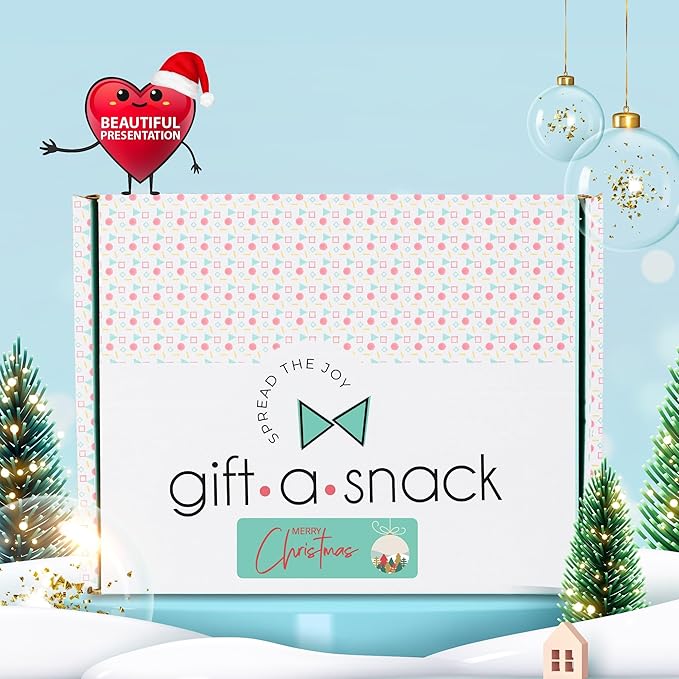 Gift A Snack - Christmas Candy Stocking Stuffers, Pre-filled Holiday Snack Box Care Package + Greeting Card (60 Count) Sweet Treats Gift Basket, Candies Chips Food Assortments & Variety Gifts