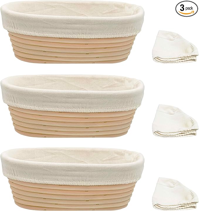 Banneton Bread Proofing Basket set of 3, 9.8 Inch Oval Sourdough Proofing Baskets with Liner,Dough Proofing Bowls,Made of Natural rattan,for Sourdough Bread Baking Supplies
