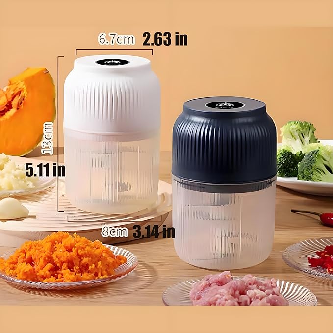 Electric Garlic Chopper, 300ml Mini Portable Veggie Cutter, Dicer with 4 Stainless Steel Blades, One-Touch Operation for Garlic, Onion, Nuts, Easy to Clean, Dishwasher Safe (White)