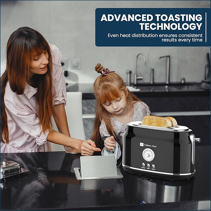 Frigidaire ETO102-WHITE, 2 Slice Toaster, Retro Style, Wide Slot for Bread, English Muffins, Croissants, and Bagels, 5 Adjustable Toast Settings, Cancel and Defrost, 900w, Black