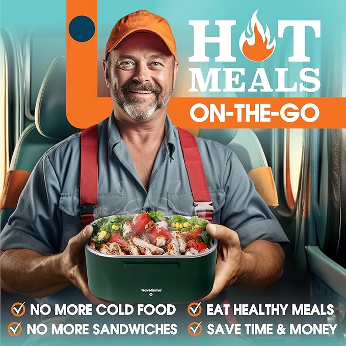 TRAVELISIMO Electric Lunch Box for Adults 80W Heated Lunch Box For Men 1.5L Stainless Steel Portable Food Warmer, 12/24/110V Electric Food Warmers for Travel & Work, Loncheras Para Hombres de Trabajo