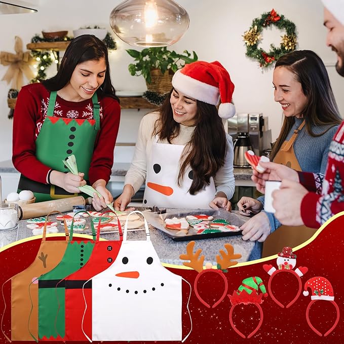 Ramede 4 Set Christmas Apron Adjustable and Headbands Christmas Kitchen Santa Cooking Aprons Xmas BBQ Snowman Funny Chef Set for Women Men Costume Gifts Accessories Headwear Party Favors