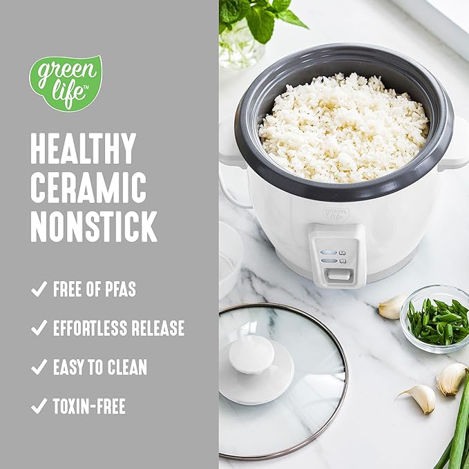 GreenLife Rice Cooker with Removable PFAS-Free Nonstick Pot, 3-Cups Uncooked/6-Cups Cooked, One-Switch Design, Auto Keep Warm Function, Soup, Grains, Oatmeal, Wood Handle, White