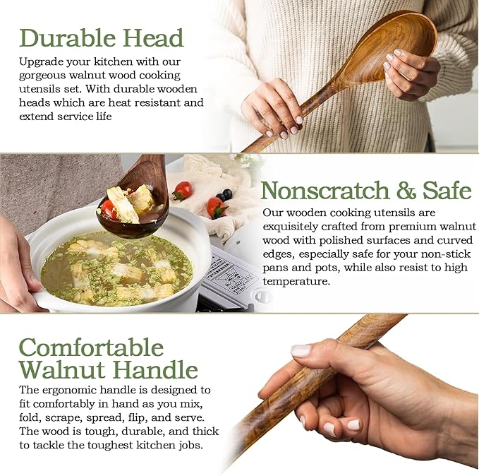 Black Walnut Wood Ladle, 13.58" Extra Long handle | Large Wooden Ladle for Soup, Pasta, Stirring, Sauces, Deep Wood Serving Spoon, Nonstick Solid Wood Kitchen Utensil, Cooking Spoon