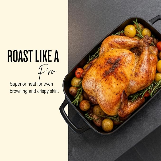 Alva Nori Enameled Cast Iron Roasting Pan 12x8" – Made With No PFAS/PTFE/PFOA, Oven & Induction Safe – 3-Layer Enamel, No Seasoning Needed – Durable, Easy-Clean Bakeware for Healthy Cooking, Black