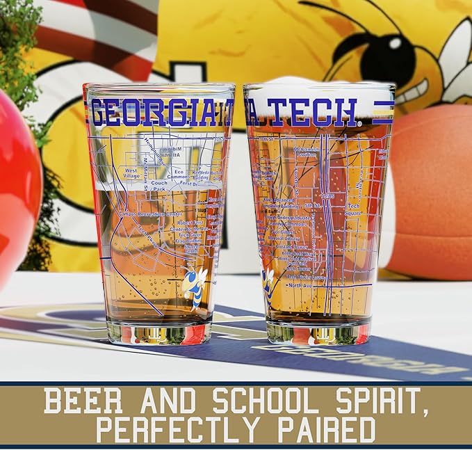 Greenline Goods – Georgia Tech University Yellow Jackets College Pint Beer Glasses (Set of 2), 16 oz – Full-Color Logo + Campus Map