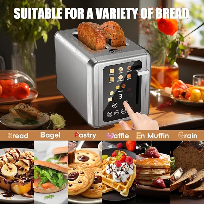 2 Slice Toaster,Touchscreen & Dual Independent Control Panel,5 Basic Functions & Digital Countdown Toasters,6 Shade Settings＆6 Bread Types,Smart Bread Maker Mute/Screen-Off,Platinum