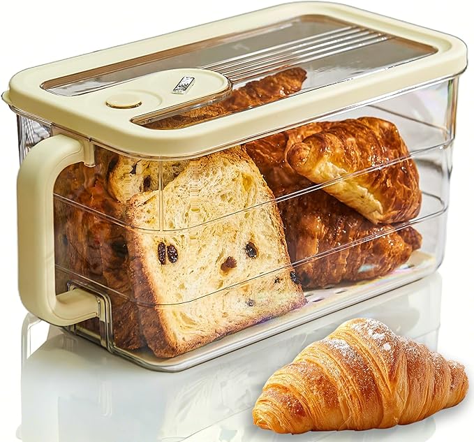 Bread Storage for Kitchen Counter | Cookie Keeper with Date Dial, Lid, and Detachable Handle, Fruits & Veggies Container, 6qt Clear Breadbox for Homemade Bread, Toast, Bagels, Donuts
