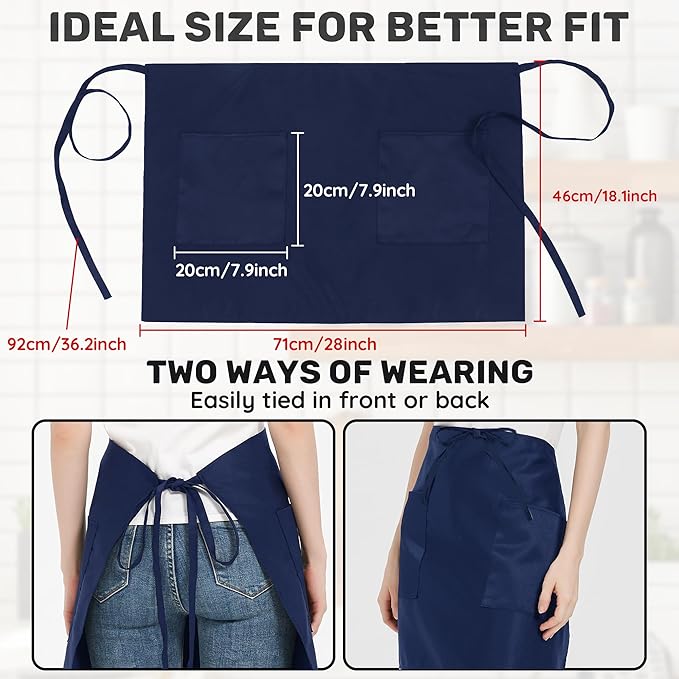 3 Pack Waist Apron with 3 Pockets, Unisex Black Waiter Aprons, Water Resistant Server Aprons for Restaurant Chef Bar