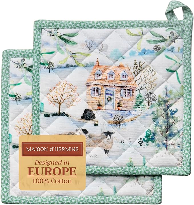 Maison d' Hermine Pot Holders Set 100% Cotton Heat Resistant Potholders 8" x 8" Hot Pads with Loop for Thanksgiving Christmas Decorations BBQ Cooking Baking Handling Hot Pans (Pack of 2, Snowy World)