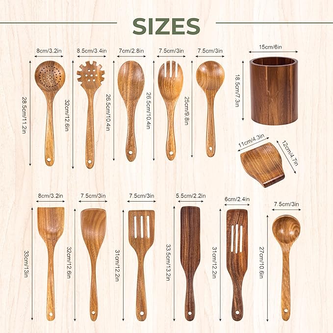 Vasilek Wooden Utensil Set XXl – 13 Piece Acacia Wood Cooking Tools with Round Holder for Nonstick Cookware with Holder & Spoon Rest – Wooden Spoons for Cooking, Spatula, Spurtle