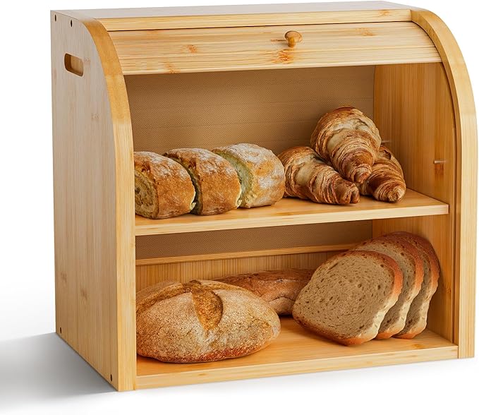 2 Tier Bamboo Bread Box for Kitchen Countertop–Bread Storage Holder, Large Capacity Bread Storage Container, with Removable Layer for Home Storage and Display (Self-assembly)