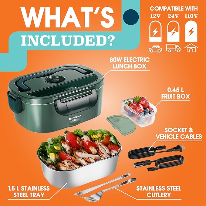 TRAVELISIMO Electric Lunch Box for Adults 80W Heated Lunch Box For Men 1.5L Stainless Steel Portable Food Warmer, 12/24/110V Electric Food Warmers for Travel & Work, Loncheras Para Hombres de Trabajo