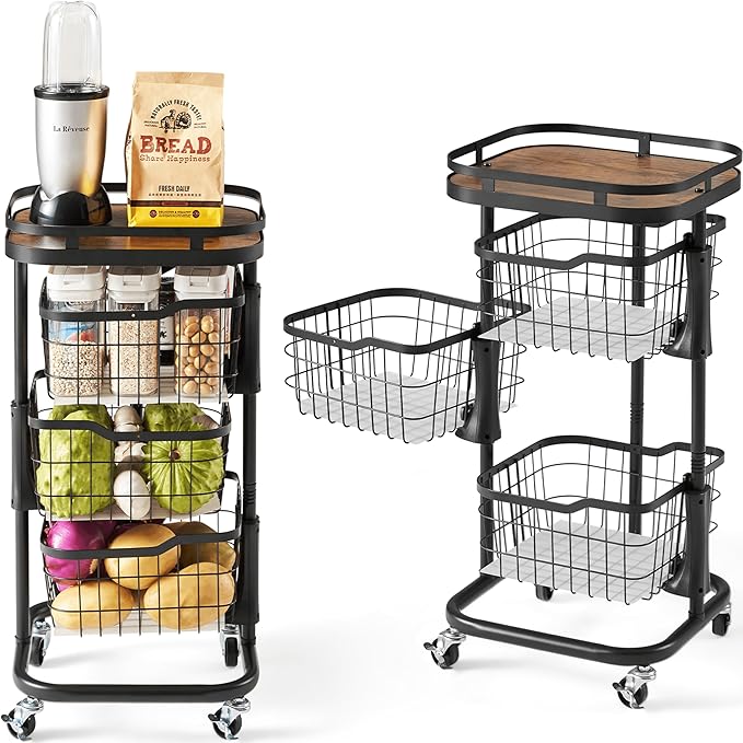 3 Tier Kitchen Fruit Vegetable Storage Cart with One-Piece Rotating Basket, Pantry Organizer Shelf Rack Floor Stand for Veggie Onion Potato Produce Spice, Rolling Snack Cart on Wheels, Black