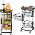 3 Tier Kitchen Fruit Vegetable Storage Cart with One-Piece Rotating Basket, Pantry Organizer Shelf Rack Floor Stand for Veggie Onion Potato Produce Spice, Rolling Snack Cart on Wheels, Black