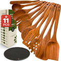 Premium Teak Wooden Cooking Utensils Set, 10+1 Piece Nonstick-Safe Kitchen Utensil Set with Silicone Mat, Heat-Resistant Non-Toxic Wood Spoons & Spurtle for Cooking