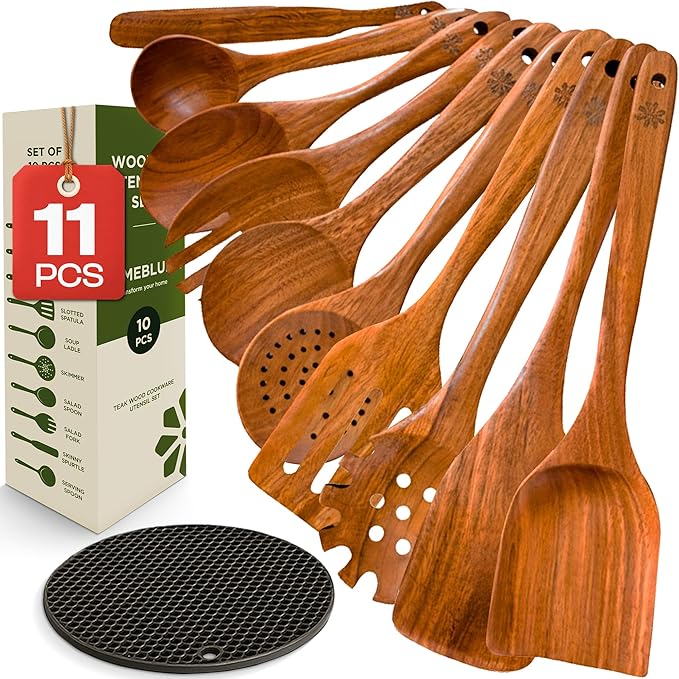 Premium Teak Wooden Cooking Utensils Set, 10+1 Piece Nonstick-Safe Kitchen Utensil Set with Silicone Mat, Heat-Resistant Non-Toxic Wood Spoons & Spurtle for Cooking