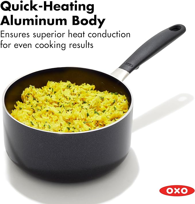 OXO 1.6QT Non-Stick Every Day Sauce Pan with Glass Lid, BPA-Free Comfort Grip Silicone Handle, Dishwasher & Oven Safe, PFAS-Free Ceramic Skillets, Sauce & Soup Chef Pot, Drip-Free, Black