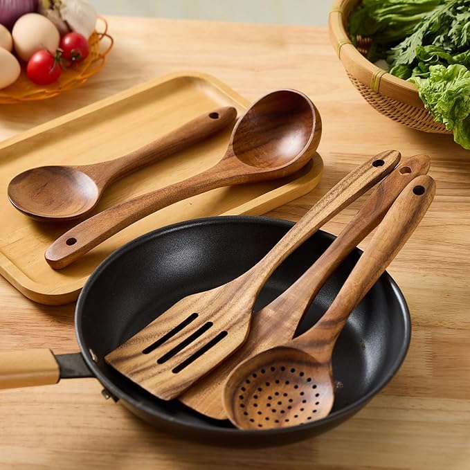 Wooden Kitchen Utensils Set, Teak Wood Cooking Spoons for Non-Stick Pans, 6 Pieces