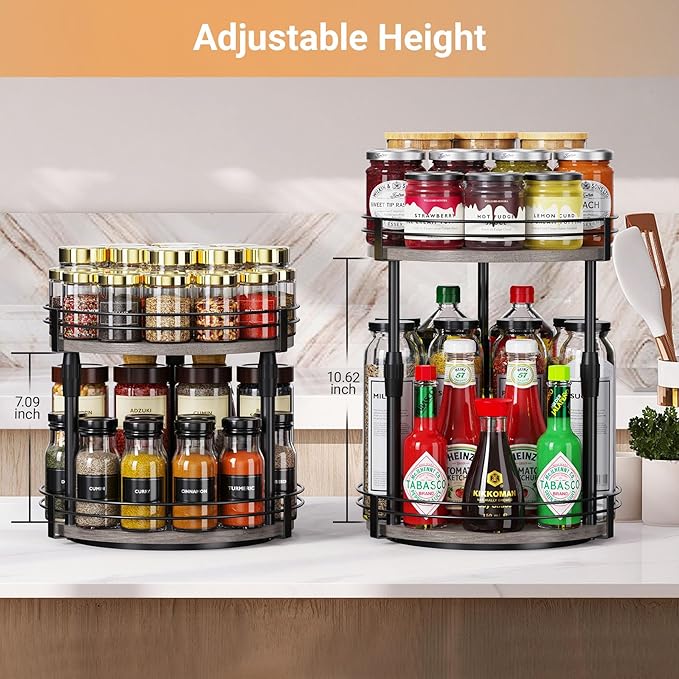 Lazy-Susan-Organizer-Spice-Rack, 2-Tier Rotating Spice Organizer For Kitchen-Cabinet-Countertop-Pantry, Turntable Seasoning Holder Storage Shelf With Adjustable Height
