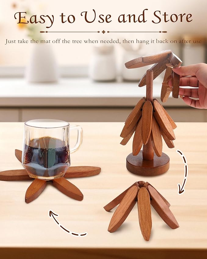 Wooden Tree Trivets for Hot Dishes, 4 Wooden Trivet + 1 Stand Natural Wooden Coaster for Hot Dishes, Pot, Bowl, Teapot, Hot Pot Holders, 4 Foldable Christmas Tree-Shaped Trivets