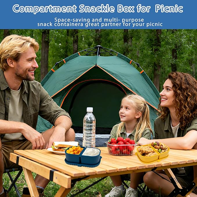 Portable 8.5oz Silicone Snack Boxes with Lids (2 Pack) - Double Compartment Reusable Containers for Snacks, Sauce, Dip | School, Office & Picnic Use (Multi-Color)