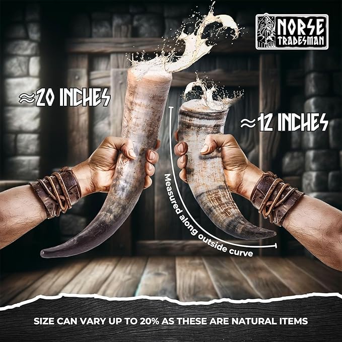 Norse Tradesman Genuine 12" Ox-Horn Viking Drinking Horn with Exquisite Hand Engraved Wolf & Celtic Knot, Black Leather Belt Holster, Fitted Stand & Burlap Gift Sack Included - Wolfsbane, 12-In